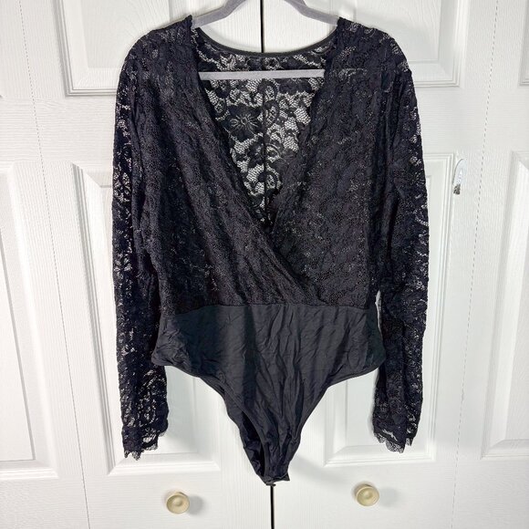 Plus Size Black Lace Long Sleeve Bodysuit Sheer Deep V Neck 3X - Picture 1 of 3